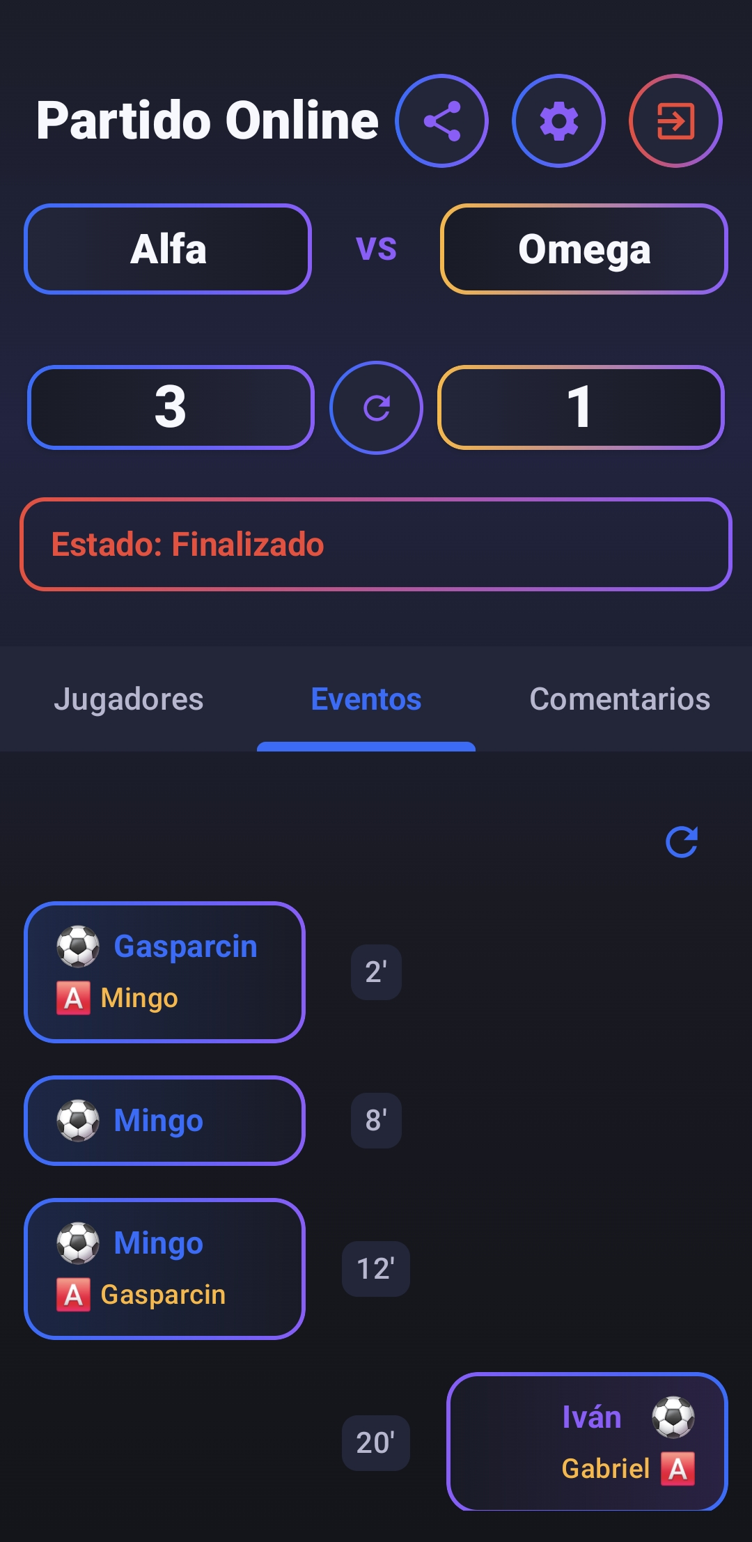 Eventos de partido en vivo